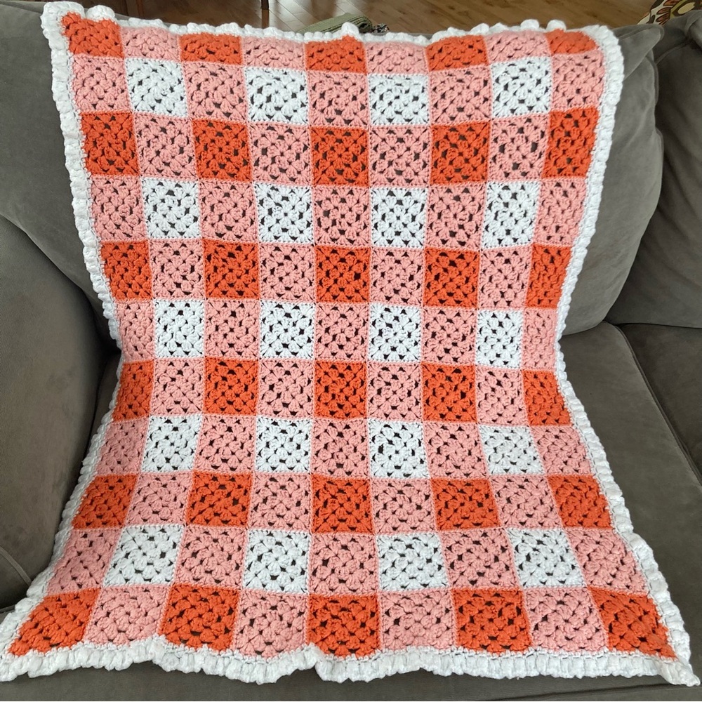 Cozy Handmade White Two-tone Orange Crochet Throw Blanket Baby Crib Bed Warm